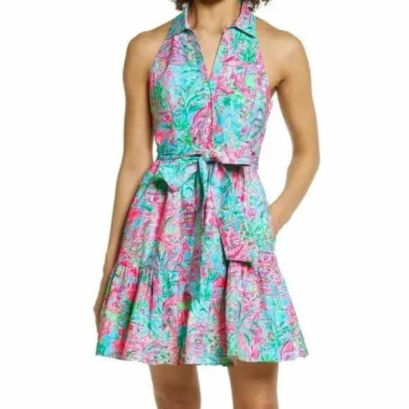 Lilly Pulitzer Dress Size 0 Pink Flamingo Halter Preppy Beach Coastal Fit Flare - Picture 1 of 16